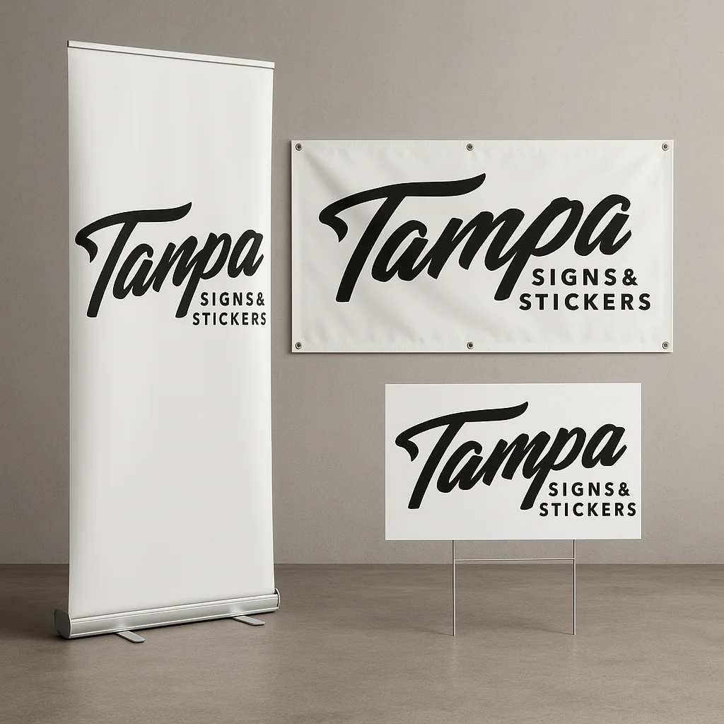 Rigid business sign panels prepared for display