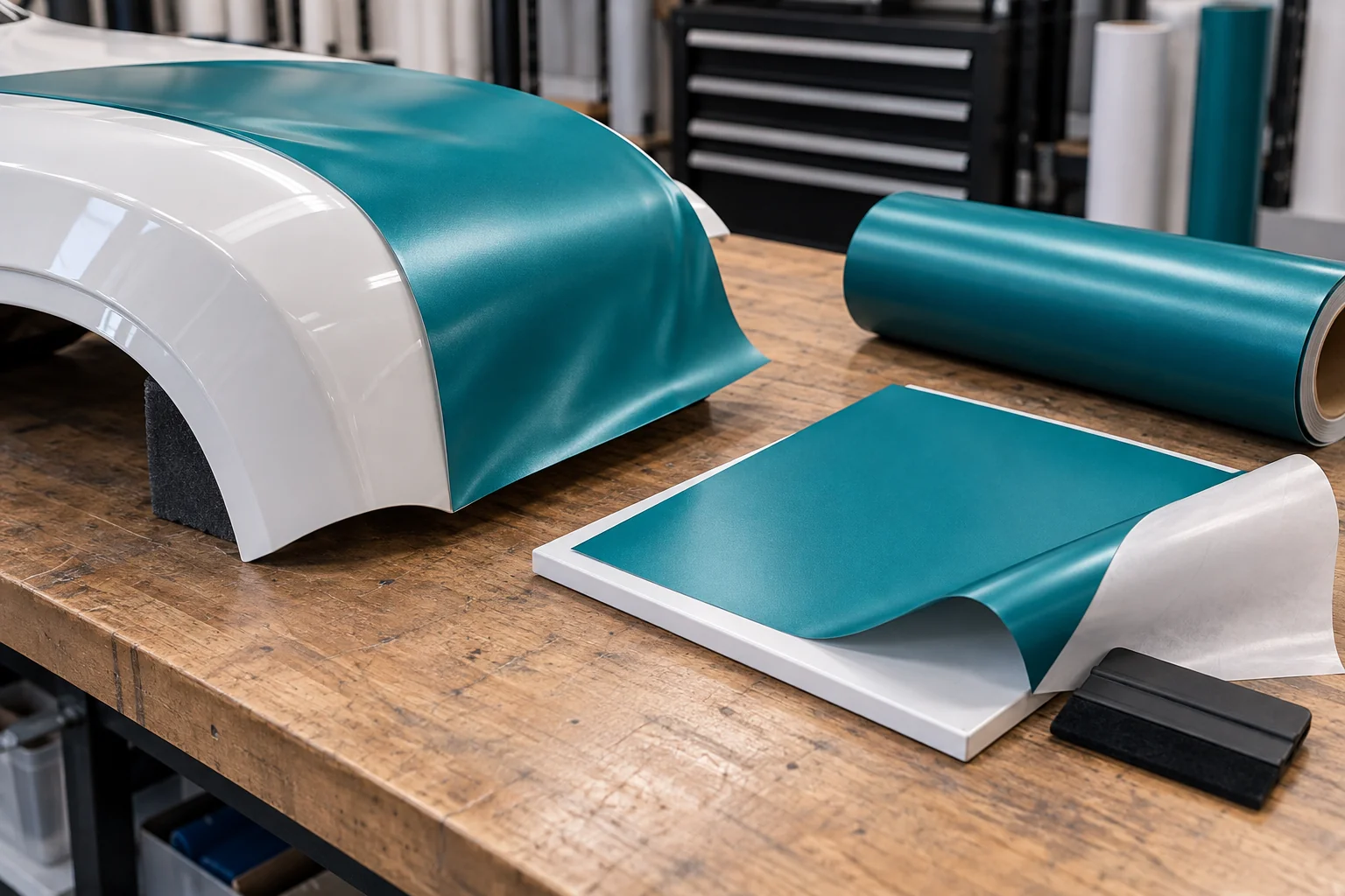 Teal vinyl conforming to a curved white panel beside a flat vinyl-covered sign panel and squeegee