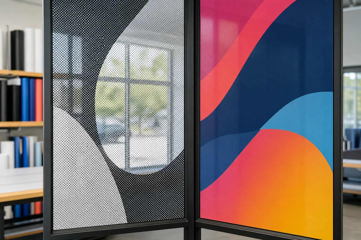 Two glass panels compare perforated window film with solid printed vinyl in a sign shop sample display.
