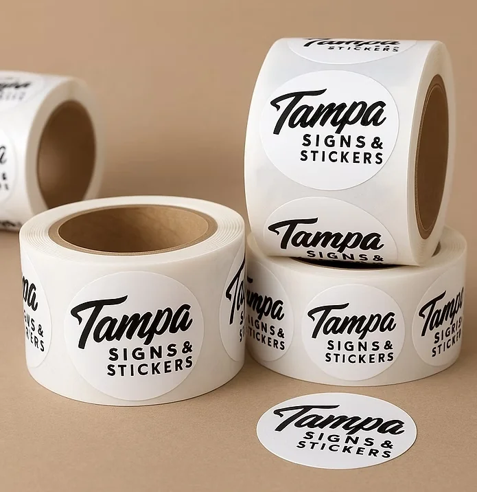 Rolls of custom printed labels and stickers