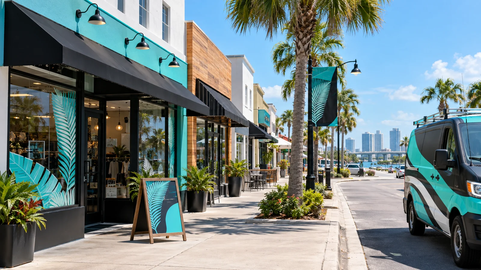 Tampa Bay storefronts with window graphics, signs, and a wrapped service van