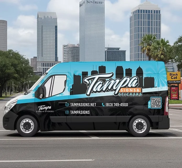 Commercial van graphics displayed in a city setting