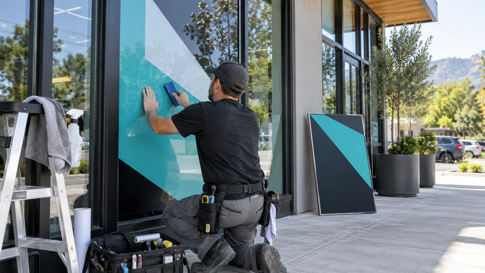 Professional installer applying adhesive vinyl to storefront glass